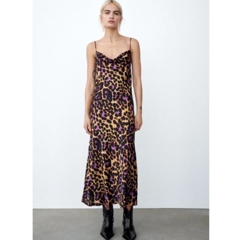Zara satin leopard print maxi dress cowl neck womens size medium